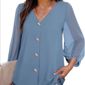 NEW! without tags Blue long sleeve button down top with transparent sleeves